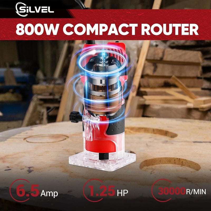 SILVEL Wood Router, 800W Wood Routers for Woodworking, 6.5Amp 1.25HP Hand Wood Router Tool, 30000R/MIN Compact Edge Trimmer with 15 1/4" Router Bit Set, Red - Image 3